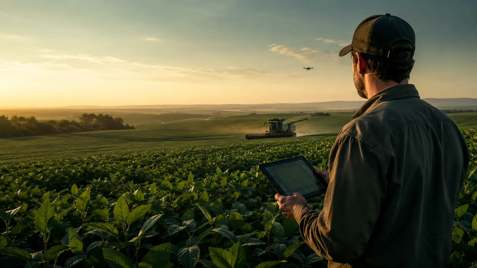 Produtor rural acompanha uma operação agrícola conectada por tablet, com colheitadeira e drone ao fundo